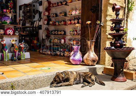 Raquira, Colombia - February 2021. Handicraft Shop At The Beautiful Small Town Of Raquira.the City O