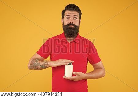 Commit To Be Fit. Brutal Bearded Hipster Hold Vitamin. Medicine Pills And Drugs. Virus Vaccine. Man 