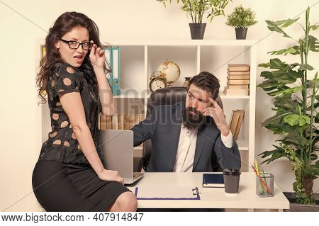 Experienced And Skilled. Professional Couple In Office. Professional Employees Hold Working Meeting.