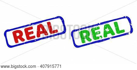 Vector Real Framed Rubber Imitations With Scratched Texture. Rough Bicolor Rectangle Watermarks. Red
