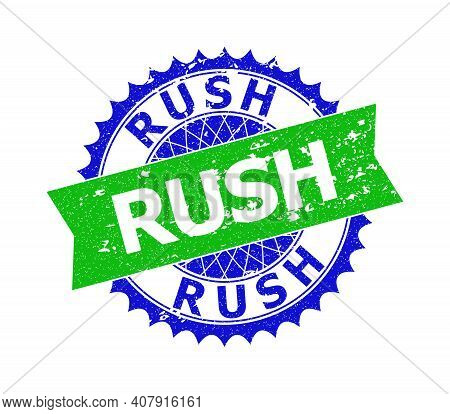 Vector Rush Bicolor Seal With Rough Texture. Blue And Green Colors. Flat Seal Stamp With Rush Text I