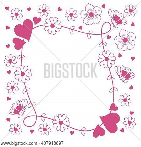 Pink Square Line Art Flower Abstract Leaf Floral Frame