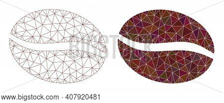 Mesh Coffee Bean Polygonal 2d Illustrations, Filled And Carcass Versions. Vector Net Mesh Coffee Bea