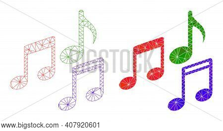 Mesh Melody Notes Polygonal Icon Illustrations, Filled And Carcass Versions. Vector Net Mesh Melody 