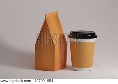 Brown Recycle Paper Bag. Lunch Bag  And Cup Coffee. Over White Background.