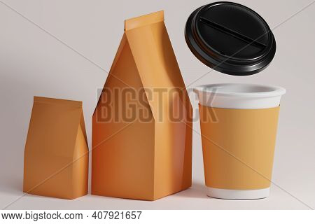 Brown Recycle Paper Bag. Lunch Bag  And Cup Coffee. Over White Background.