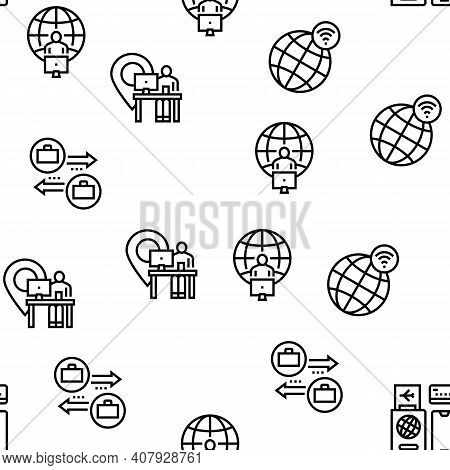 Digital Nomad Worker Vector Seamless Pattern Thin Line Illustration