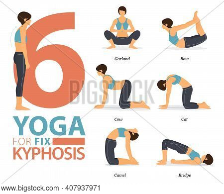 Infographic Of 6 Yoga Poses For Workout At Home In Concept Of Yoga For Fix Kyphosis In Flat Design. 