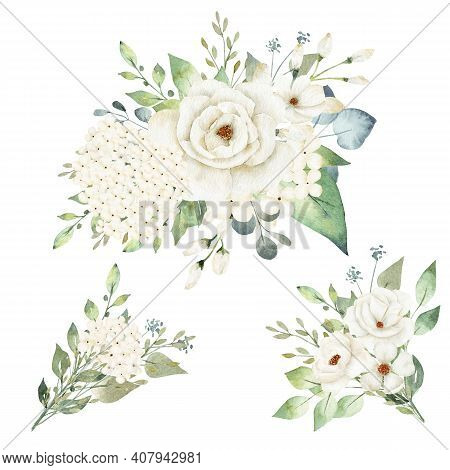 White Flowers And Greenery Leaves Watercolor Clipart Isolated On White Background. Habd Painted Illu