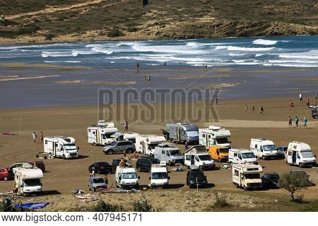 Prasonissi, Rhodes / Greece - June 23, 2014: Campers At Cape Of Akra Prasonisi, Rhodes, Dodecanese I