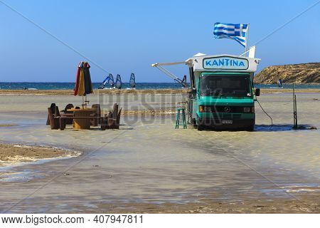 Prasonissi, Rhodes / Greece - June 23, 2014: A Mobile Bar At Cape Of Akra Prasonisi, Rhodes, Dodecan