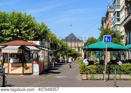Strasbourg, France - July 29, 2017: Central Place Broglie In Alsatian Capital With Bertani Crepes Ca