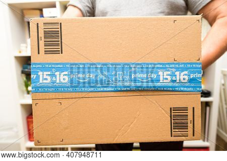 Paris, France - Oct 10, 2019: Detail Of New Amazon Prime Parcel Logotype With The Smiling Arrow And 