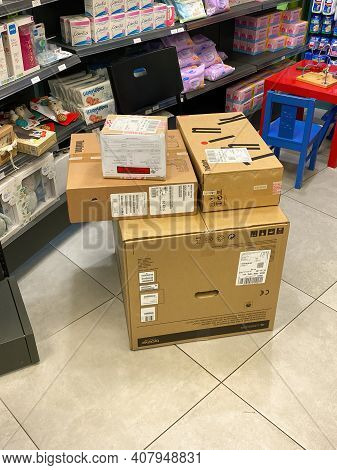 Strasbourg, France - Oct 17, 2020: Boxes With Lenovo Personal Computer And Brother Laser Printer On 