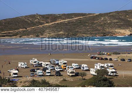 Prasonissi, Rhodes / Greece - June 23, 2014: Campers At Cape Of Akra Prasonisi, Rhodes, Dodecanese I