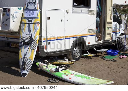 Prasonissi, Rhodes / Greece - June 23, 2014: A Camper At Cape Of Akra Prasonissi, Rhodes, Dodecanese