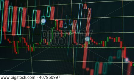 Technical Price Graph And Indicator, Red And Green Candlestick Chart On Blue Theme Screen, Market Vo