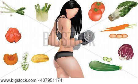 Female Bodybuilder Surrounded By Vegetables Female Bodybuilder Surrounded By Vegetables