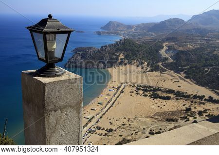 Tsampika, Rhodes / Greece - June 23, 2014: Tsampika Beach View And Surrounding Mountains On The East
