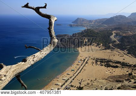 Tsampika, Rhodes / Greece - June 23, 2014: Tsampika Beach View And Surrounding Mountains On The East