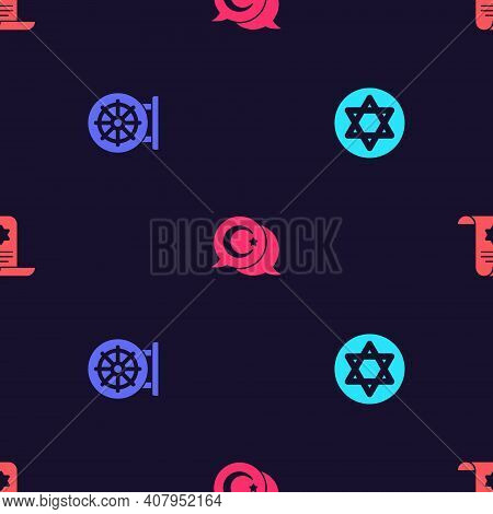 Set Star Of David, Dharma Wheel, And Crescent And Torah Scroll On Seamless Pattern. Vector