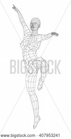 Wireframe Ballerina Or Dancer In Dance Pose. Vector 3d Rendering