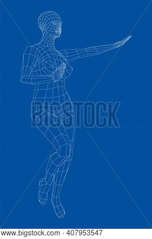 Wireframe Ballerina Or Dancer In Dance Pose. Female Dancing Salsa. Vector 3d Rendering