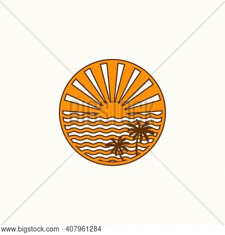 Vector Illustration Of A Sunset And Orange Coconut Tree For Icons, Symbols And Logos