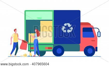 People Loading Garbage Into Truck. Trash Pickup With Recycling Sign Flat Vector Illustration. Garbag