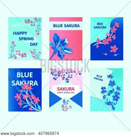Sakura Greeting Card Designs With Best Wishes. Creative Postcards With Blooming Flowers On Branch. J