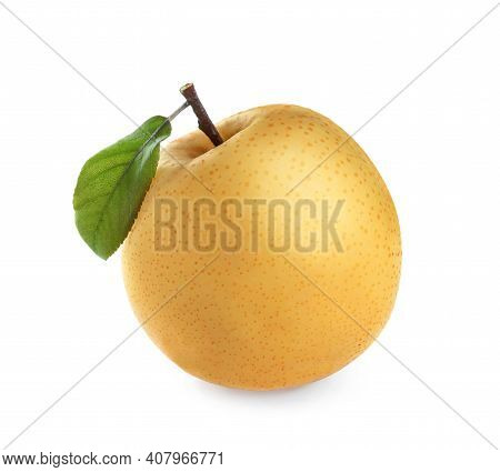 Fresh Ripe Apple Pear With Green Leaf Isolated On White