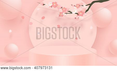 Abstract Minimal Scene With Geometric Forms. Cylinder Podium In Pink Background With Pink Sakura Flo