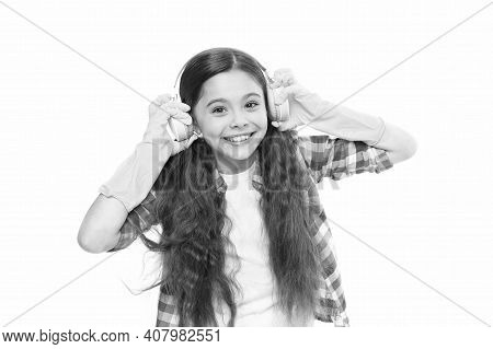 Girl Wear Headphones And Gloves For Cleaning. Listening Music And Cleaning House. Instead Of Procras