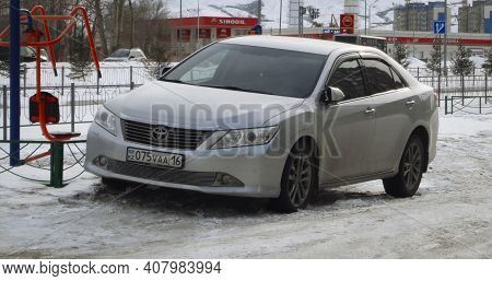 Kazakhstan, Ust-kamenogorsk, February 6, 2020: Toyota Camry Xv50 (pre-facelift). Gray Toyota
