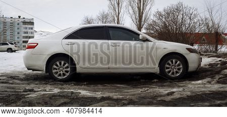 Kazakhstan, Ust-kamenogorsk, February 8, 2020: Toyota Camry Xv40. White Japanese Car. Winter Snow