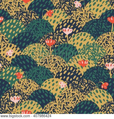Meadow Hills Landscape Seamless Vector Pattern. Botanical Surface Print Design For Fabrics, Statione