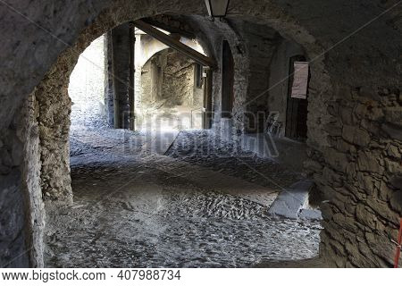 Triora (im), Italy - February 15, 2017: Old Houses Details In The Witches Village Of Triora, Imperia