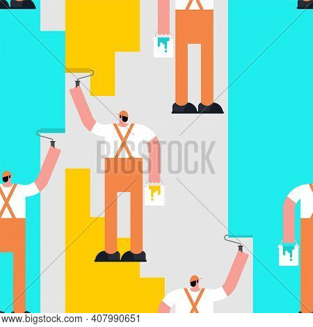 Painter Paints Pattern Seamless. Painter With Bucket Of Paint And Roller Paints Wall Background. Bab