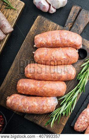 Traditional Mest Sausages, Flat Lay, On Black Background.