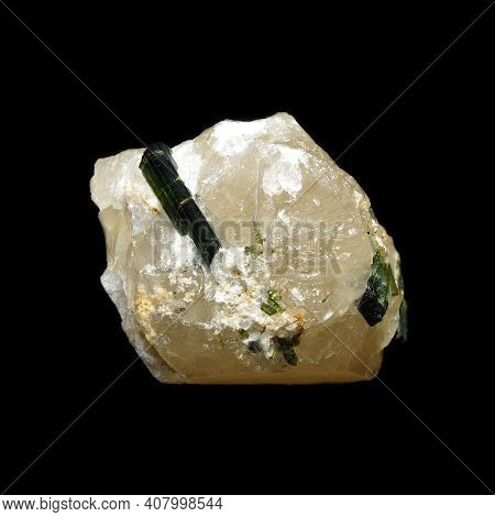 Green Tourmaline (verdelite) In Rock On Black Background