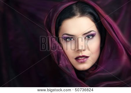 beautiful sexy girl with purple chiffon scarf
