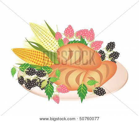 A Plate Of Cornbread With Berry Fruit And Sweet Corn