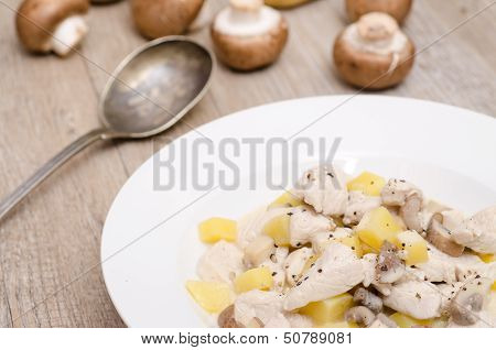 Fricassee From Turkey On A White Plate