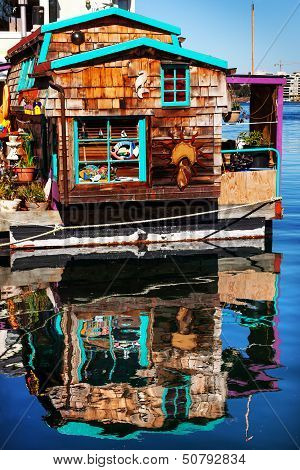 Floating Home Village Brown Houseboat Fisherman's Wharf Reflection Inner Harbor, Victoria Vancouver