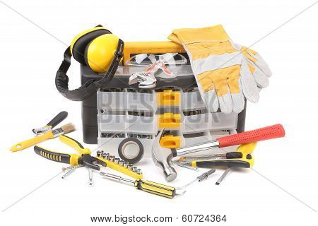 Plastic workbox with assorted tools.