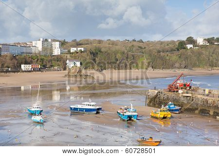 Boats in Welsh harbour of Tenby Pembrokeshire Wales