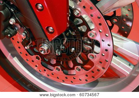 Motorcycle Disc Break And Rim In Closeup