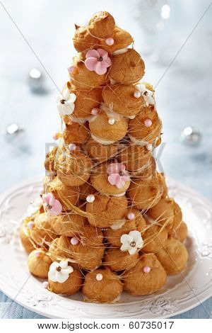 Croquembouche with Pink and White Frosting Roses