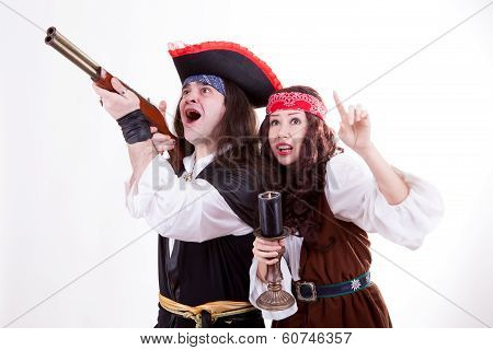 Two Scared Pirates On White Background