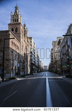 Gran Via With Church Of Sacred Heart Of Jesus At Th Letf And Monument To Isabel La Catolica In The B